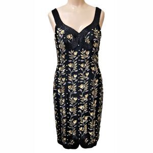 AJ Bari Noir Evening Beaded Silk Dress Size 8 Vintage Cocktail Occasion Cruise